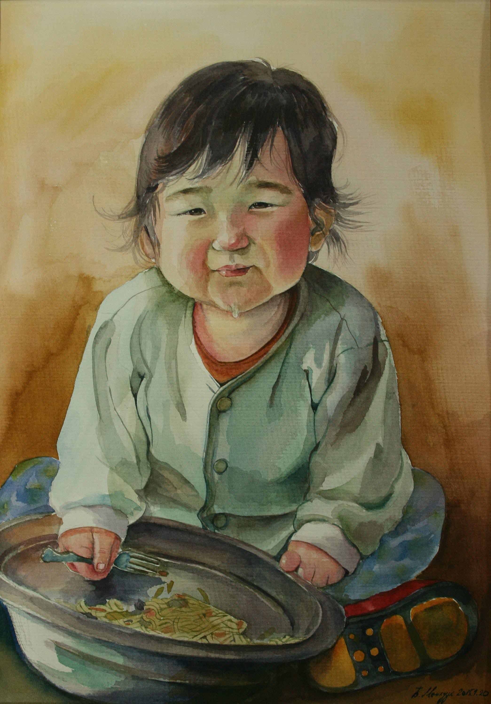 Wasserfarbe auf Papier 38X27 - Die Mahlzeit des Kindes